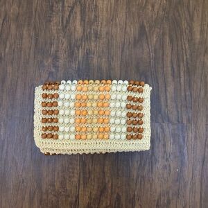 Anthropologie Brown and Cream Beaded Wristlet Geometric Pattern